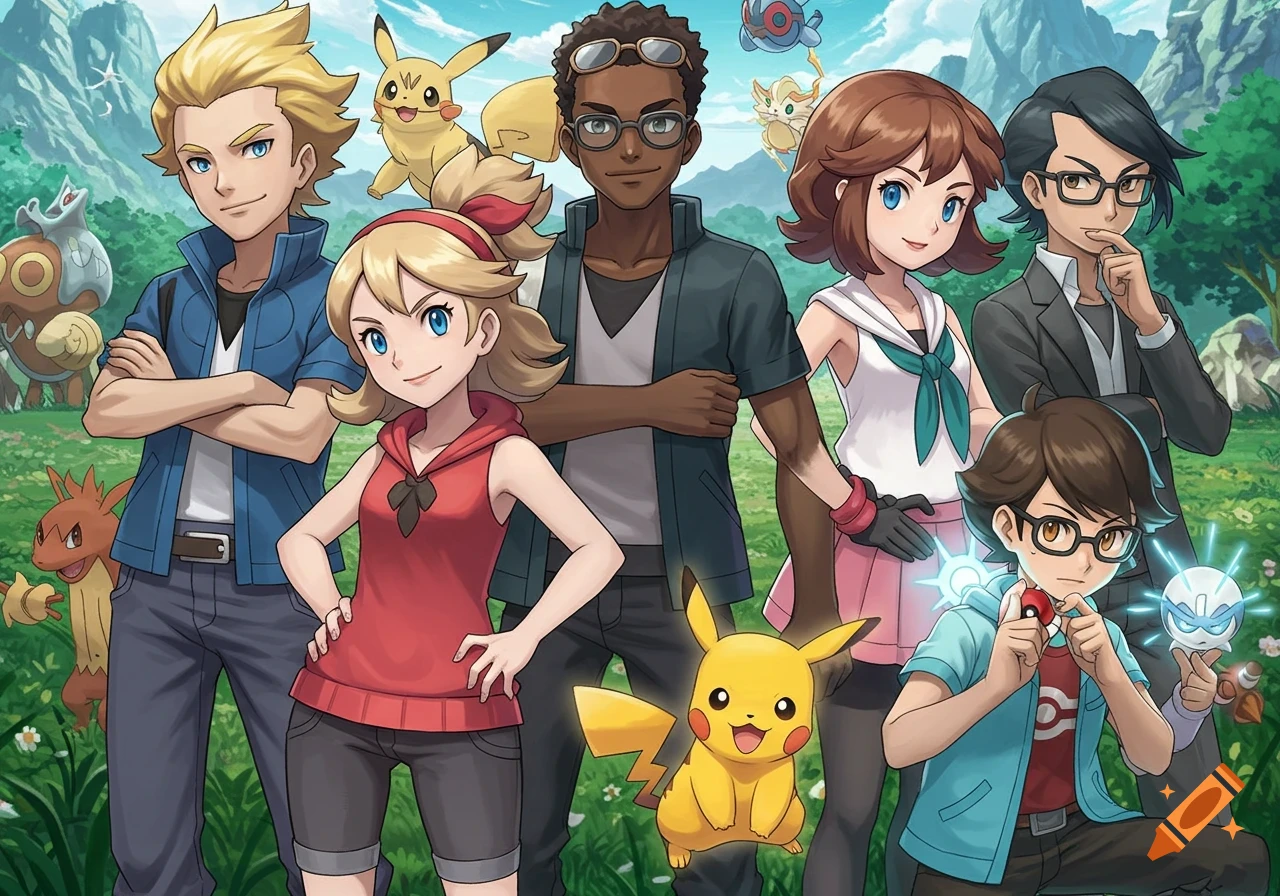 Six anime-style Pokemon trainers and several Pokemon stand in a grassy field with mountains in the background. Pikachu is at the bottom center.