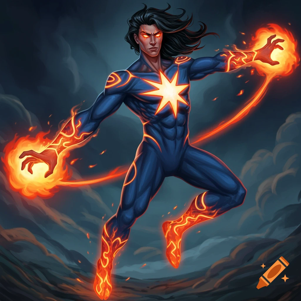 Male superhero with long black hair, dark blue suit, glowing star, and fiery hands, floating against cloudy sky.