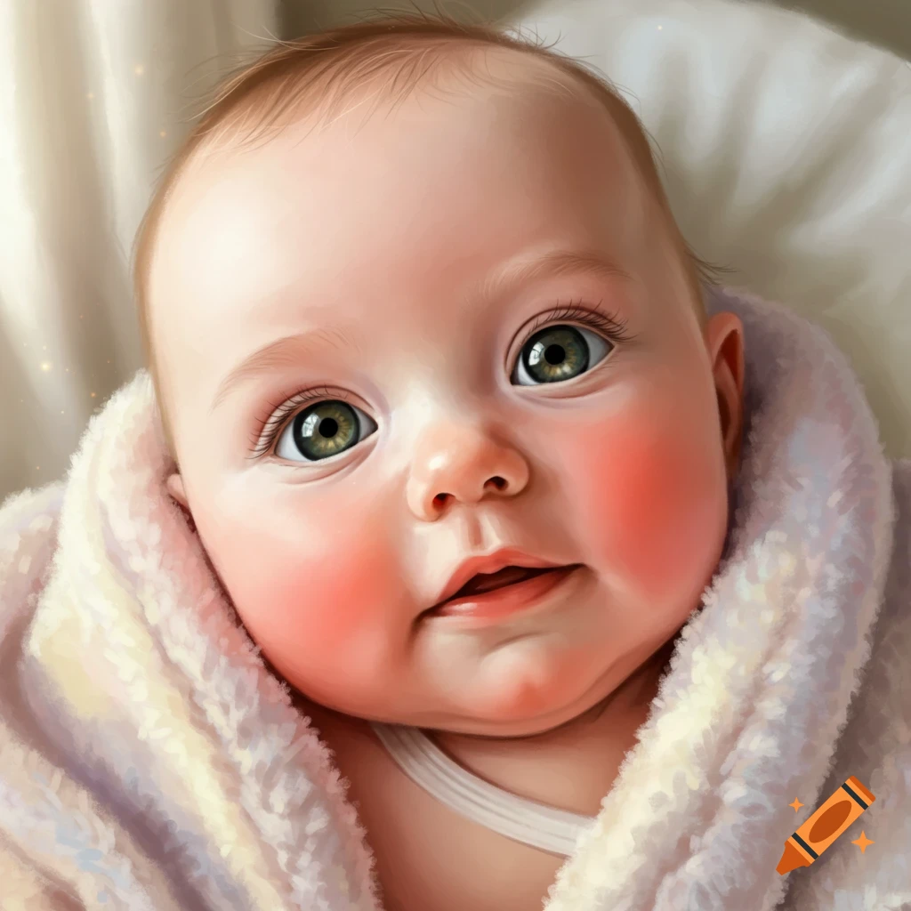 Close-up of a cute baby with big green eyes and rosy cheeks wrapped in a white blanket. The baby has fair skin and a round face.