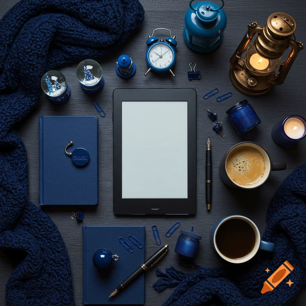 A dark blue themed flat lay featuring a black eReader, two notebooks, coffee mugs, a lantern, an alarm clock, snow globes, and a knitted scarf on a dark surface.