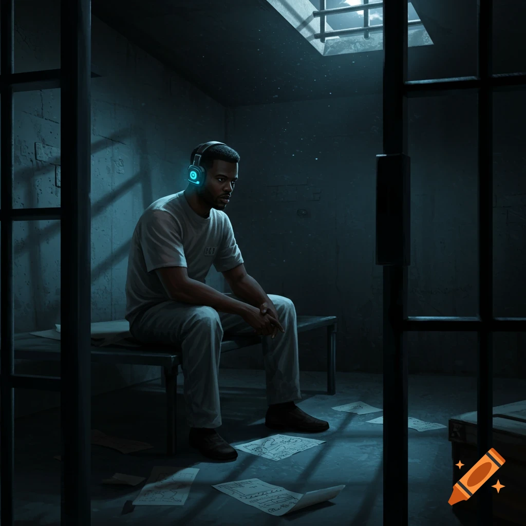 A man in a prison uniform with glowing headphones sits on a bench in a dark cell, papers scattered on the floor, seen through cell bars.