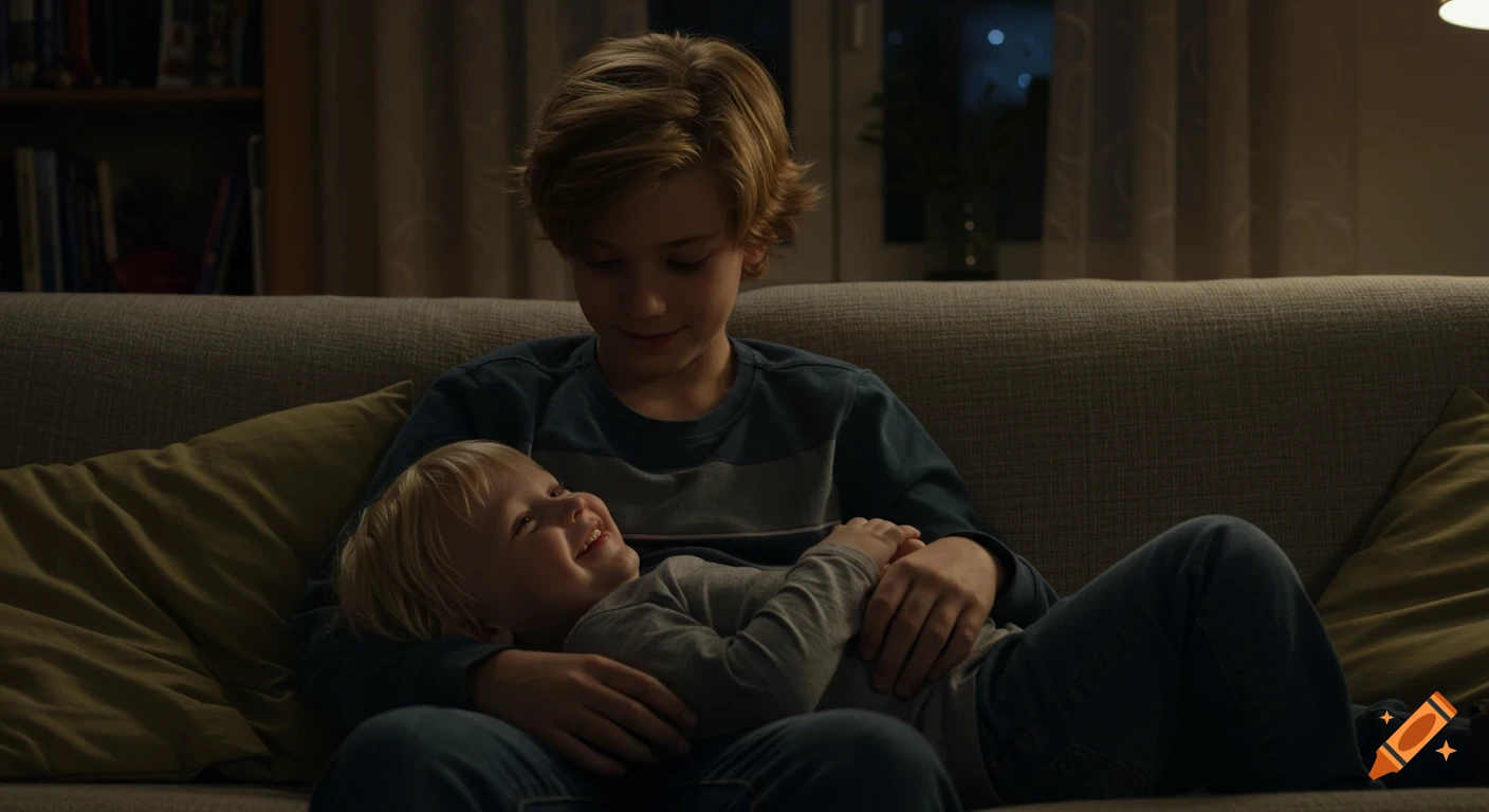 A younger blonde boy lies smiling on the lap of an older blonde boy on a couch at night.