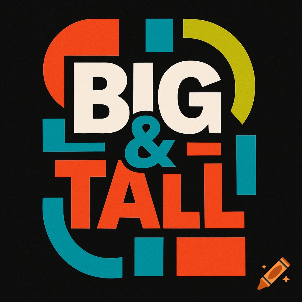 Bold graphic design featuring the words "BIG & TALL" in white and teal, surrounded by abstract orange and teal shapes on a black background.