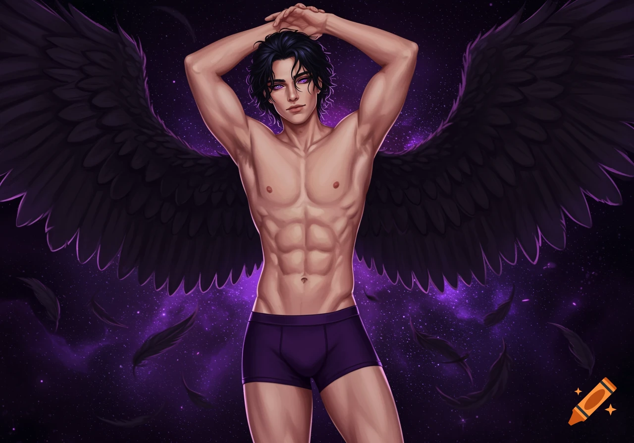 An anime male character with black wings, purple eyes, and purple boxer briefs against a starry purple background.