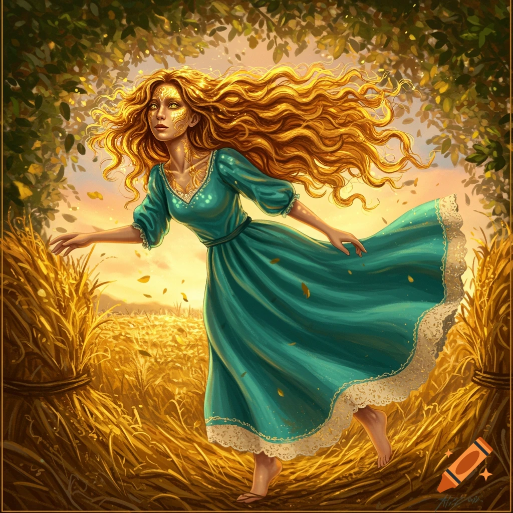 An illustrated woman with golden curly hair and a metallic gold face wears a turquoise gown while gliding through a golden straw field.