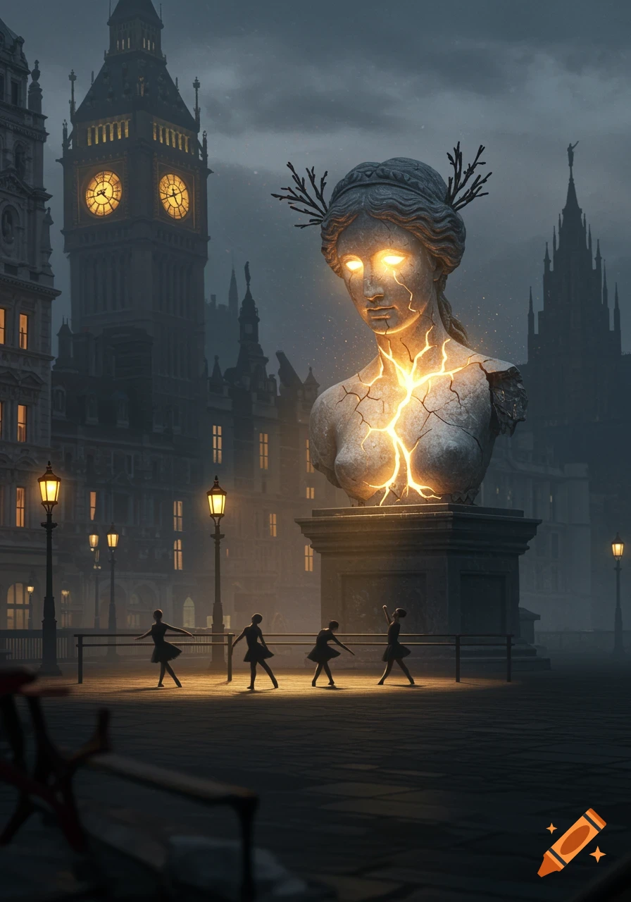 A large cracked classical statue with glowing eyes and cracks stands in a dark, misty Edwardian London street with Big Ben in the background, while four silhouetted ballet dancers pose in the foreground under streetlights.