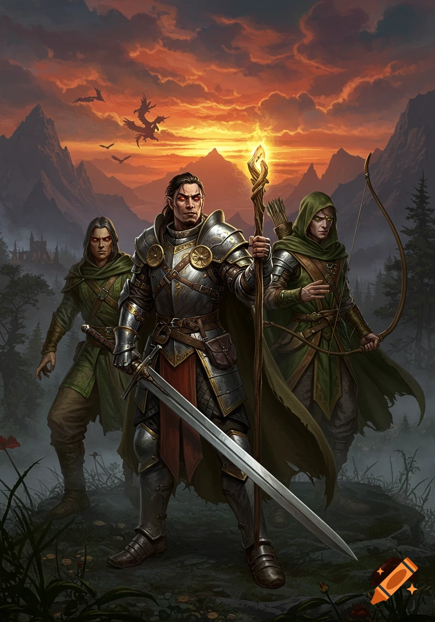 Three fantasy warriors, a knight, a wizard with a glowing staff, and an archer, stand heroically against a dramatic sunset in a mountainous landscape.