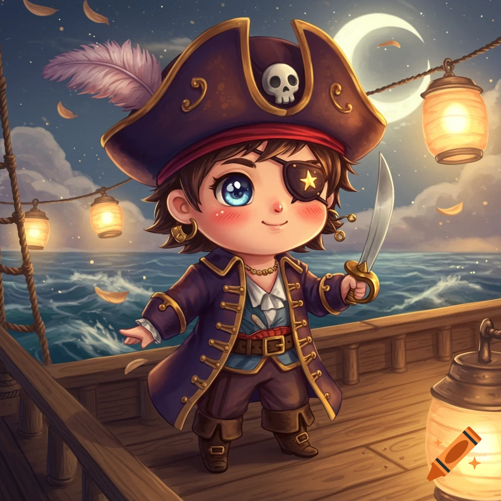 A cute chibi pirate child with an eyepatch and sword stands on a ship deck at night under a crescent moon.