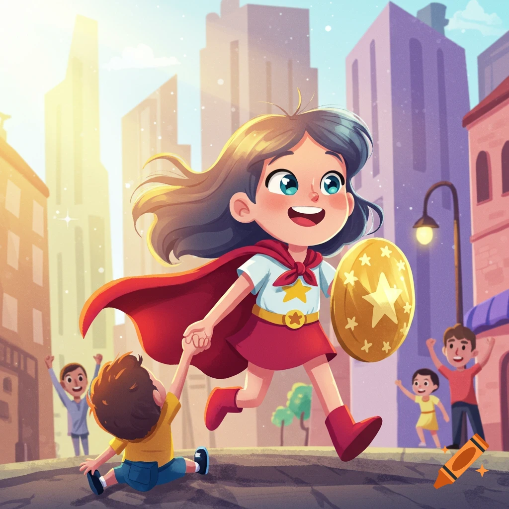 Cartoon illustration of a smiling superhero girl in a red cape running through a city, holding a boy's hand, with other people in the background.