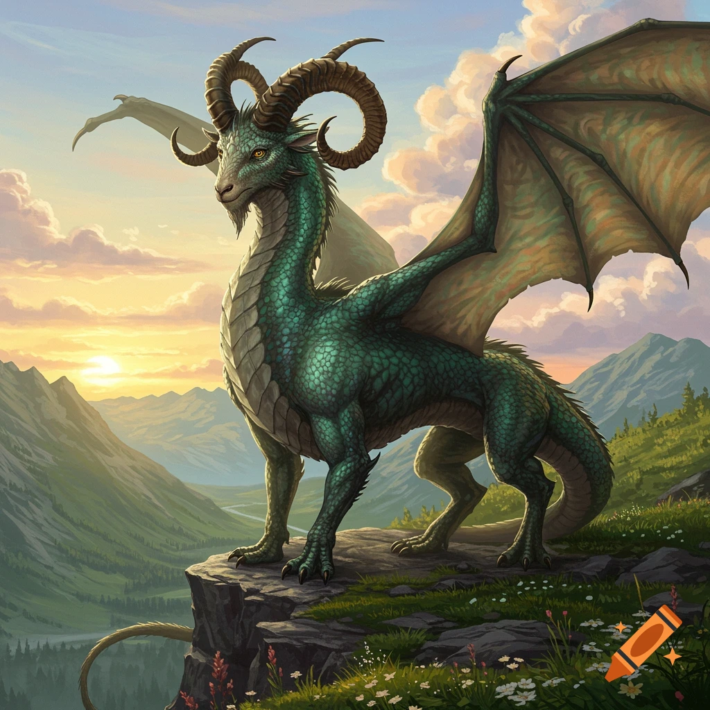 A majestic green goat-dragon with large horns and wings stands on a rocky cliff overlooking a vast mountain valley at sunset.