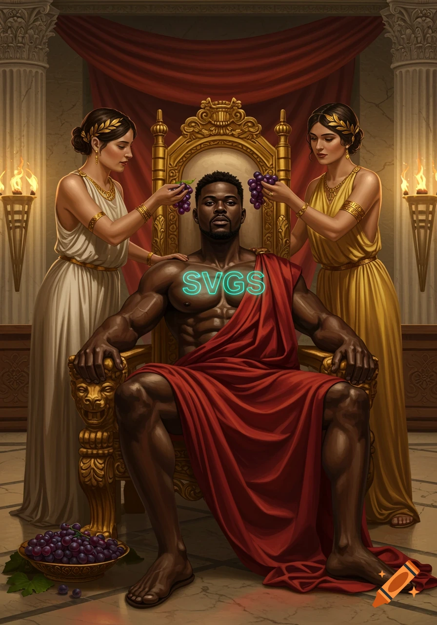 A muscular Black man in red drapes sits on a golden throne in a classical Roman setting, as two women in togas feed him grapes. The letters "SVGS" glow on his chest.