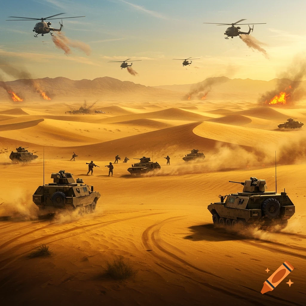 Photorealistic image of a desert warzone with military vehicles, helicopters, and soldiers amidst explosions and smoke at sunset.