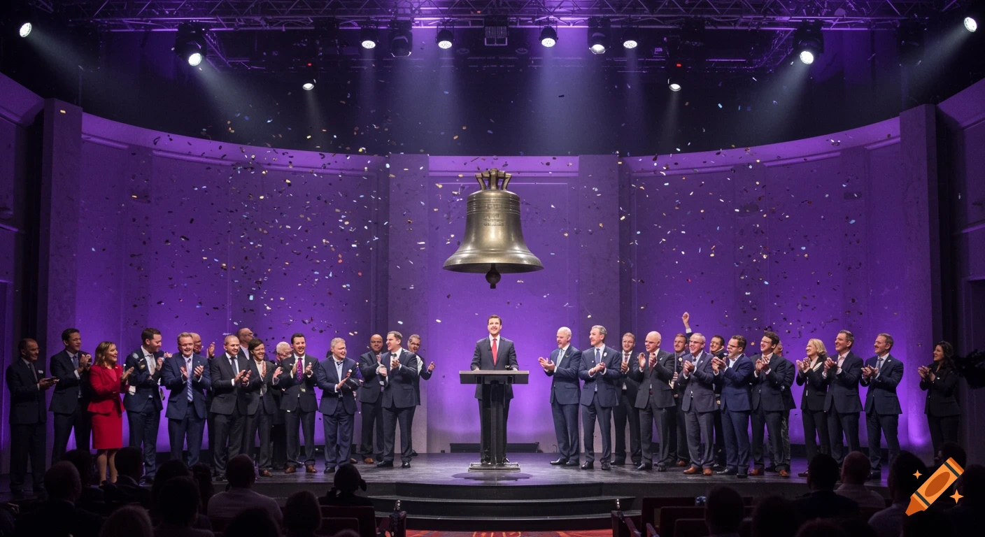 A large gold bell hangs over a stage where a man stands at a podium, surrounded by people in suits, with confetti falling and purple lighting.