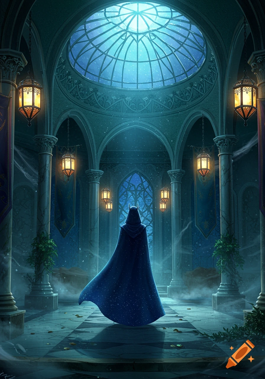 A cloaked figure with small horns stands in a mystical, domed hall with glowing lanterns and a starry sky.