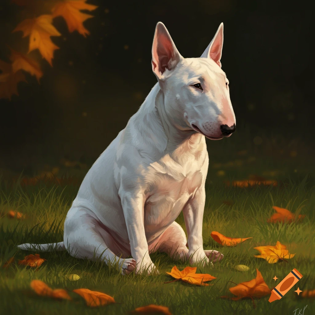 A white Bull Terrier dog sitting in green grass among autumn leaves, with warm sunlight.