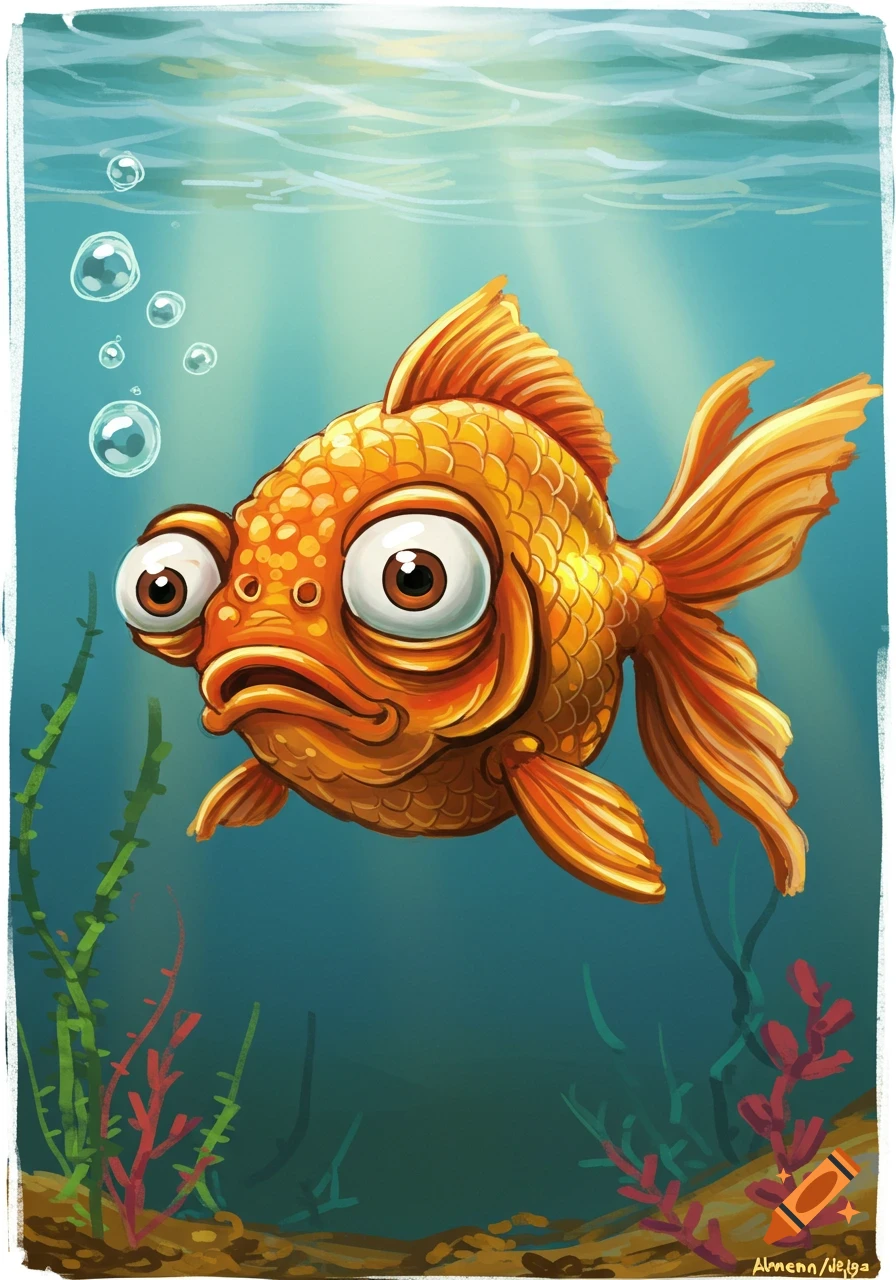 A stylized, orange goldfish with large, comical eyes floats in a blue underwater scene with green and red aquatic plants.