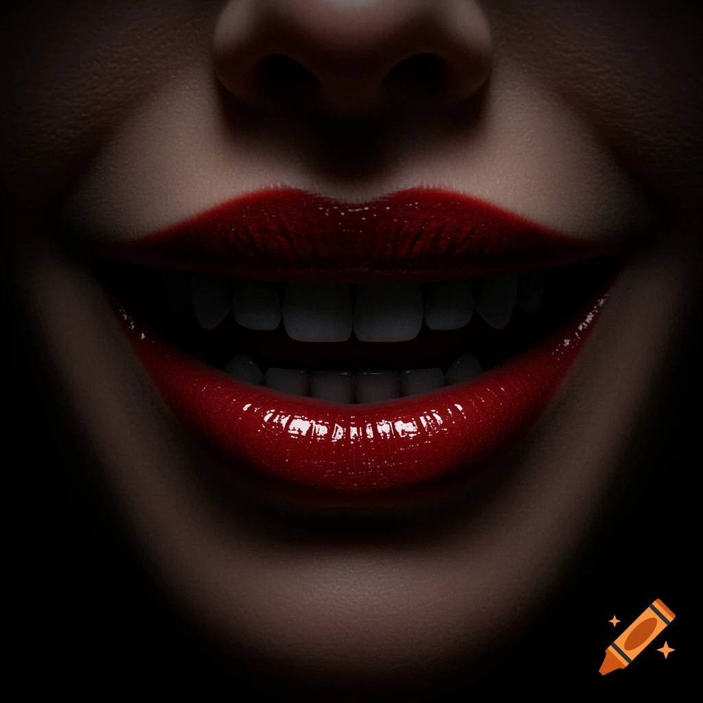 A close-up of a woman's mouth with bright red lipstick, displaying a wide smile with visible teeth, set against a dark background.