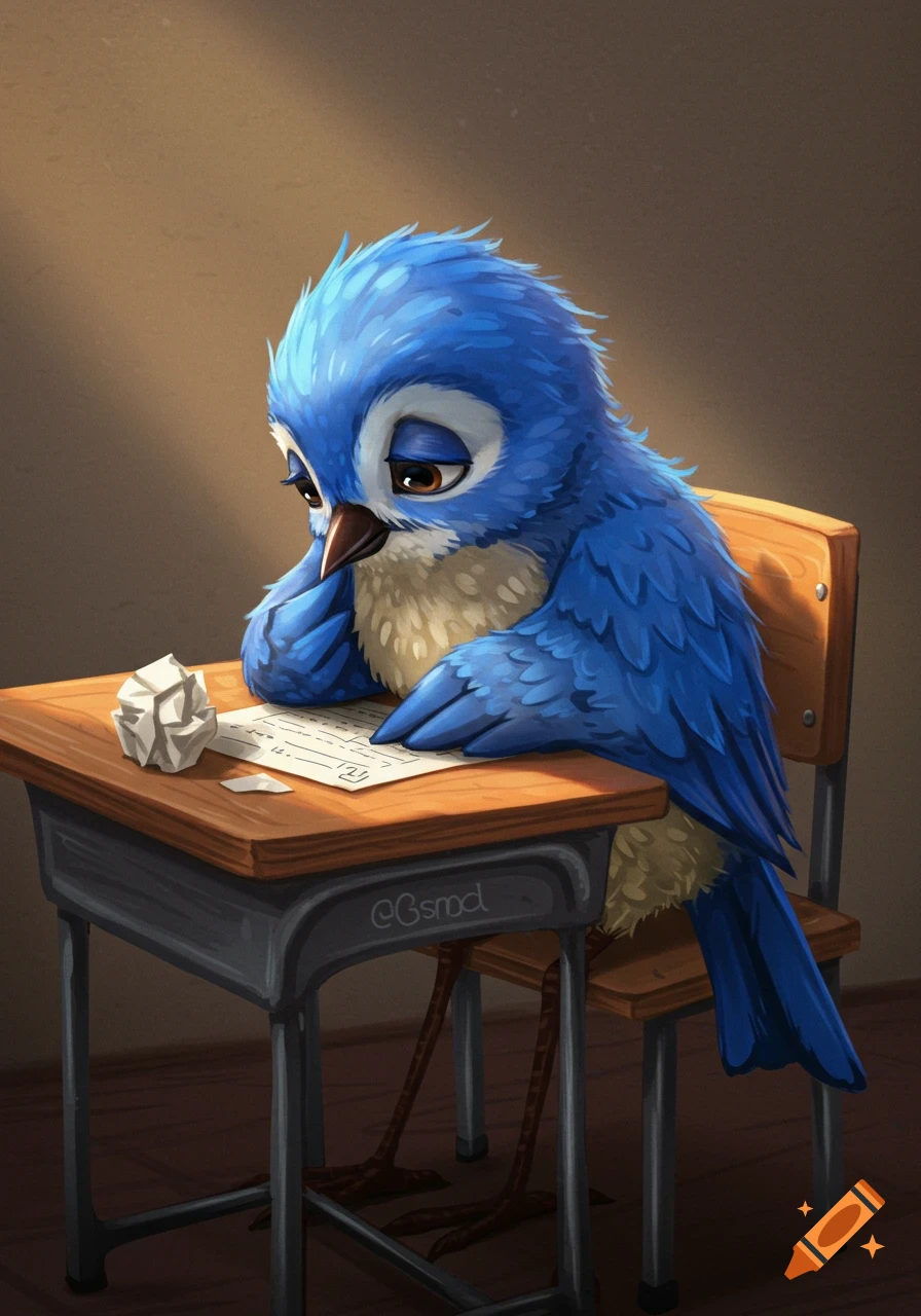 A sad blue bird with big eyes sits at a school desk, looking down at a crumpled paper and test sheet.