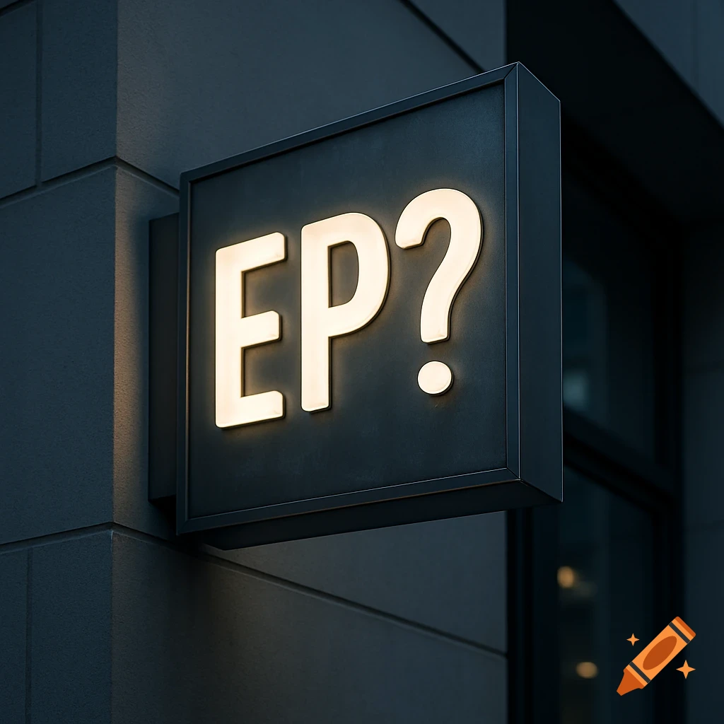 A dark, square sign with glowing white letters "EP?" mounted on the corner of a building, in a photorealistic style.