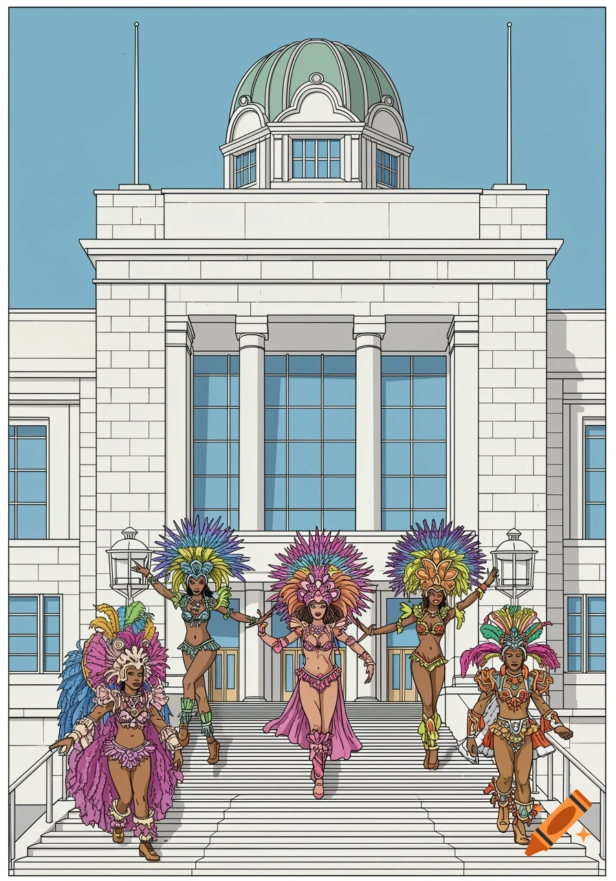 Five women in elaborate, colorful Caribbean carnival costumes dance on the steps of a large, grand white building with a green dome.