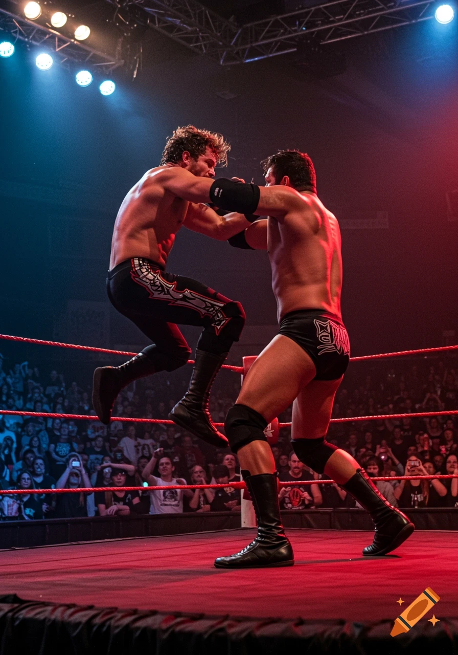 Two muscular male pro wrestlers in mid-action combat within a brightly lit wrestling ring, with a blurred audience in the background.
