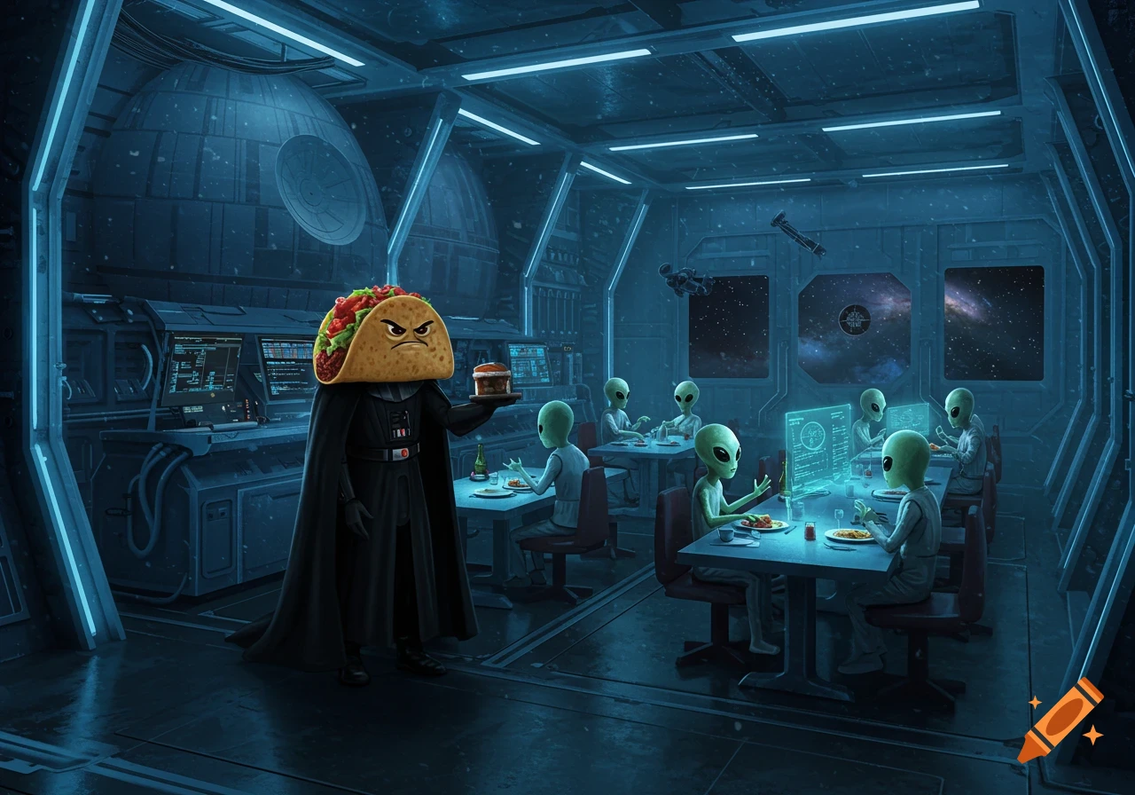 Cartoonish Darth Taco serves a dish to green aliens in a sci-fi restaurant on the Death Star.