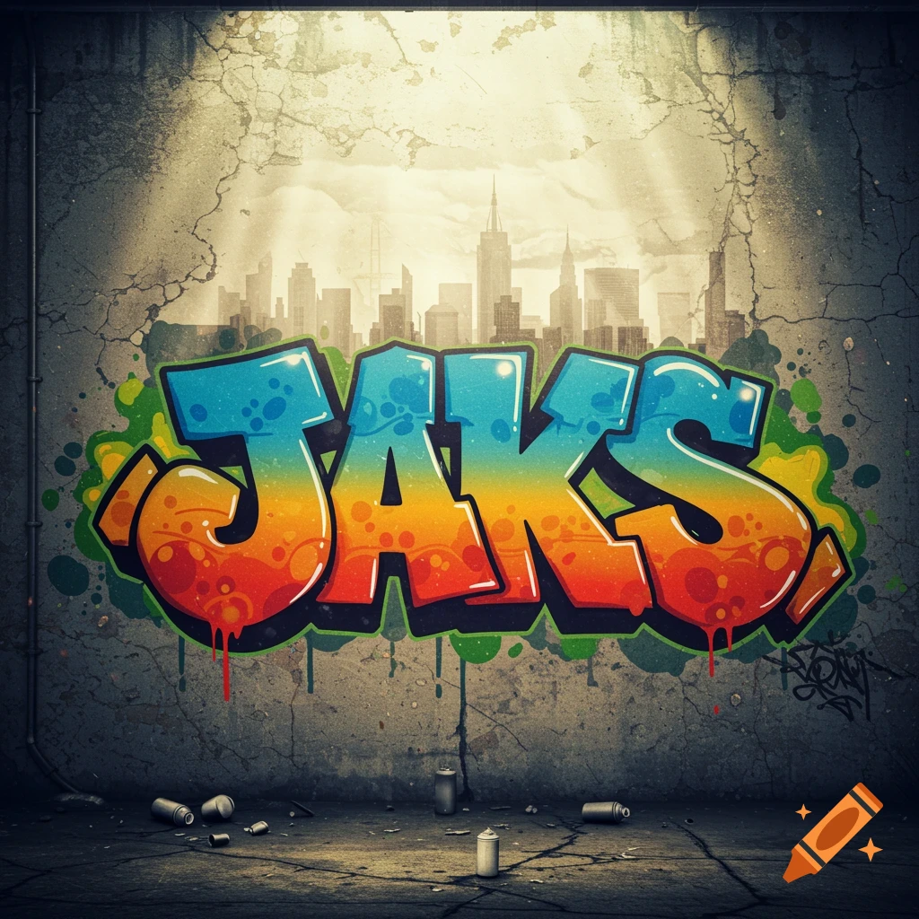 Colorful graffiti of the word 'JAKS' on a cracked concrete wall in an urban setting with a cityscape background.
