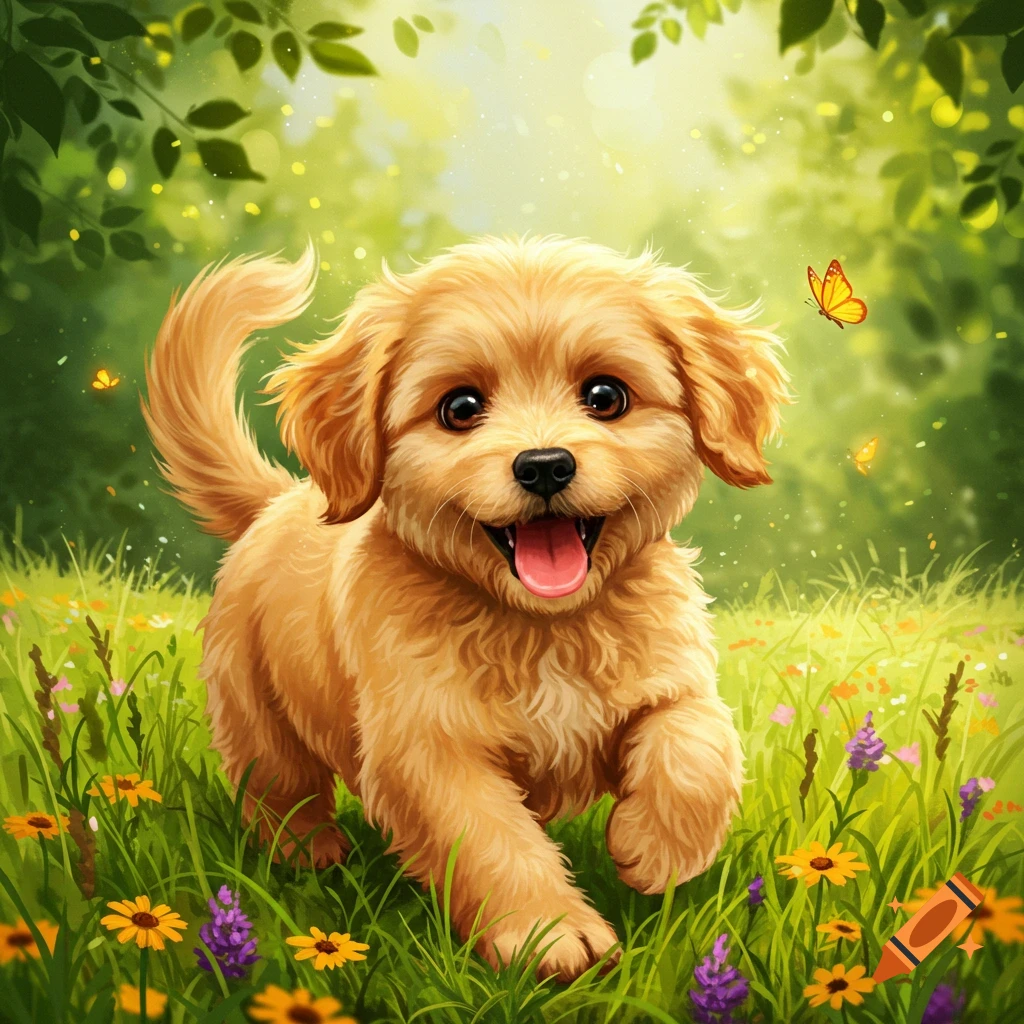 A fluffy golden puppy happily runs through a vibrant green field filled with yellow and purple flowers, with butterflies in the sunny background.