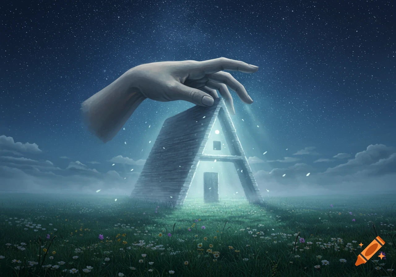 A giant hand reaching down over an illuminated A-frame house in a grassy field under a starry night sky, digital painting.