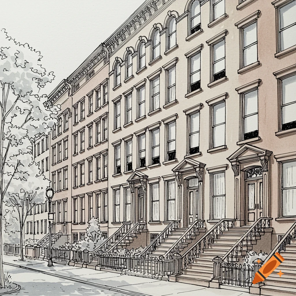 A detailed line sketch illustrating a row of traditional brownstone buildings with steps, trees, and a street lamp.