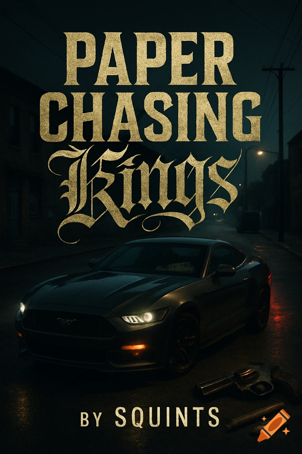 A dark, moody book cover with a golden title "PAPER CHASING KINGS" above a sleek black car parked on a wet street at night. A gun and rolled items lie on the asphalt in the foreground. "BY SQUINTS" is at the bottom.
