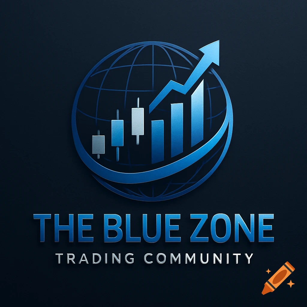 A sleek blue and silver logo for 'The Blue Zone Trading Community' featuring a globe, rising bar chart, and candlestick charts.