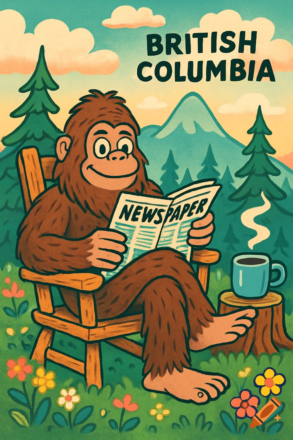 Retro cartoon of a Sasquatch reading a newspaper in a wooden chair in a forest with mountains and flowers. Text says British Columbia.