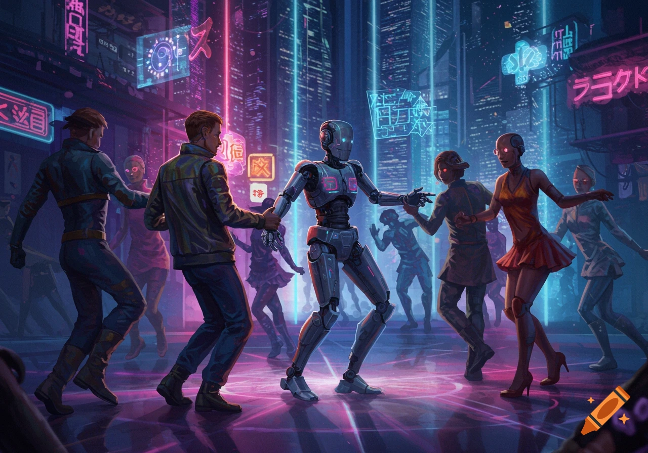 Robots and humans dance together in a neon-lit futuristic city at night, with towering skyscrapers in the background.