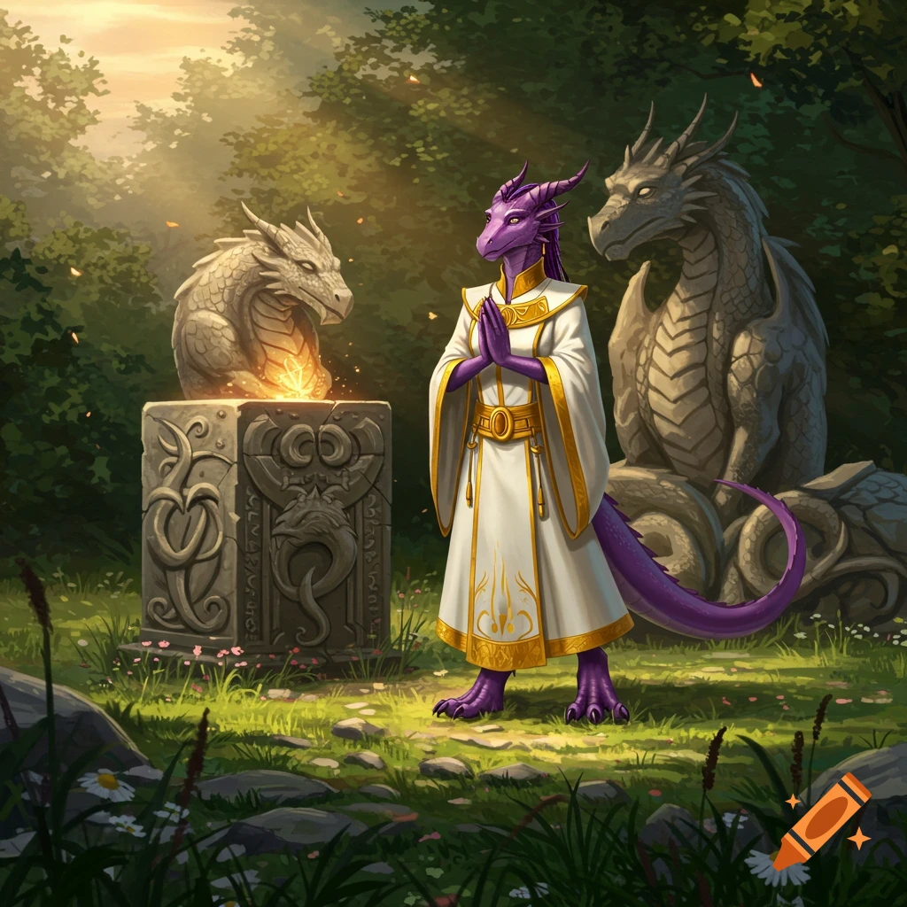 A purple dragonborn priestess in white and gold robes prays at an ornate dragon altar in a sunlit forest. Fantasy digital art.