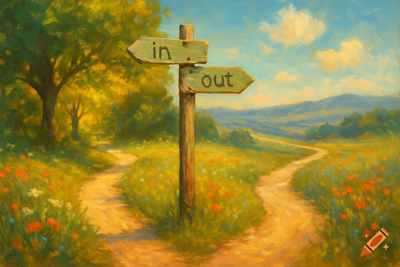 Oil painting of a fork in a sunlit dirt road. A wooden signpost reads 'in' pointing left and 'out' pointing right, surrounded by trees and wildflowers.
