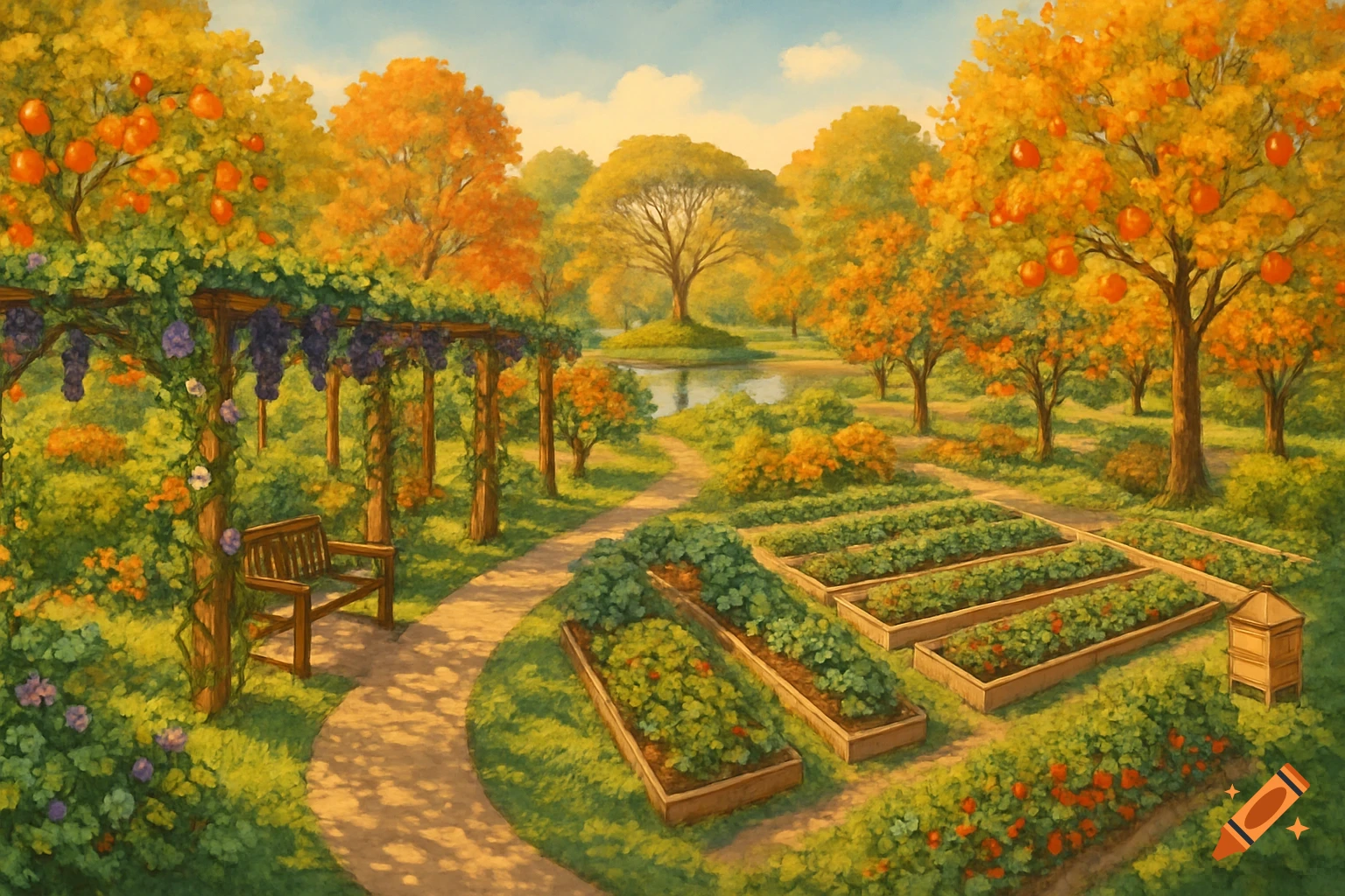 A lush, vibrant garden painting with fruit trees, grape pergolas, raised beds, a winding path, a pond with an island, and a beehive.