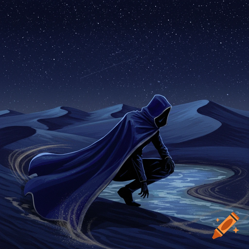 A hooded figure in a flowing cape crouches beside a reflective puddle in a dark desert under a starry night sky.
