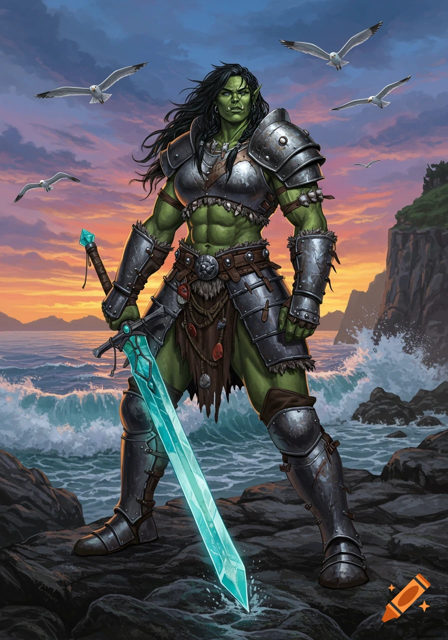 A fierce green-skinned female orc warrior in metal armor stands on coastal rocks at sunset, holding a glowing crystal sword.