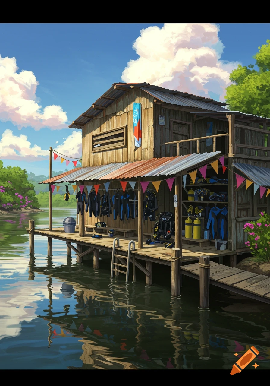 An illustrative scene of a wooden dive shop built on stilts over a river, with wetsuits and diving gear hanging outside.
