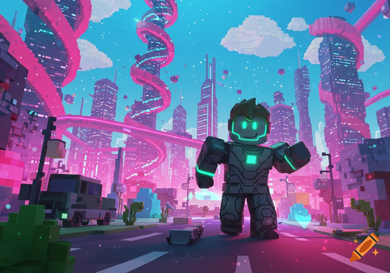 A blocky Roblox-style character in a neon-lit, futuristic pixelated cityscape with tall buildings and glowing pink elements.