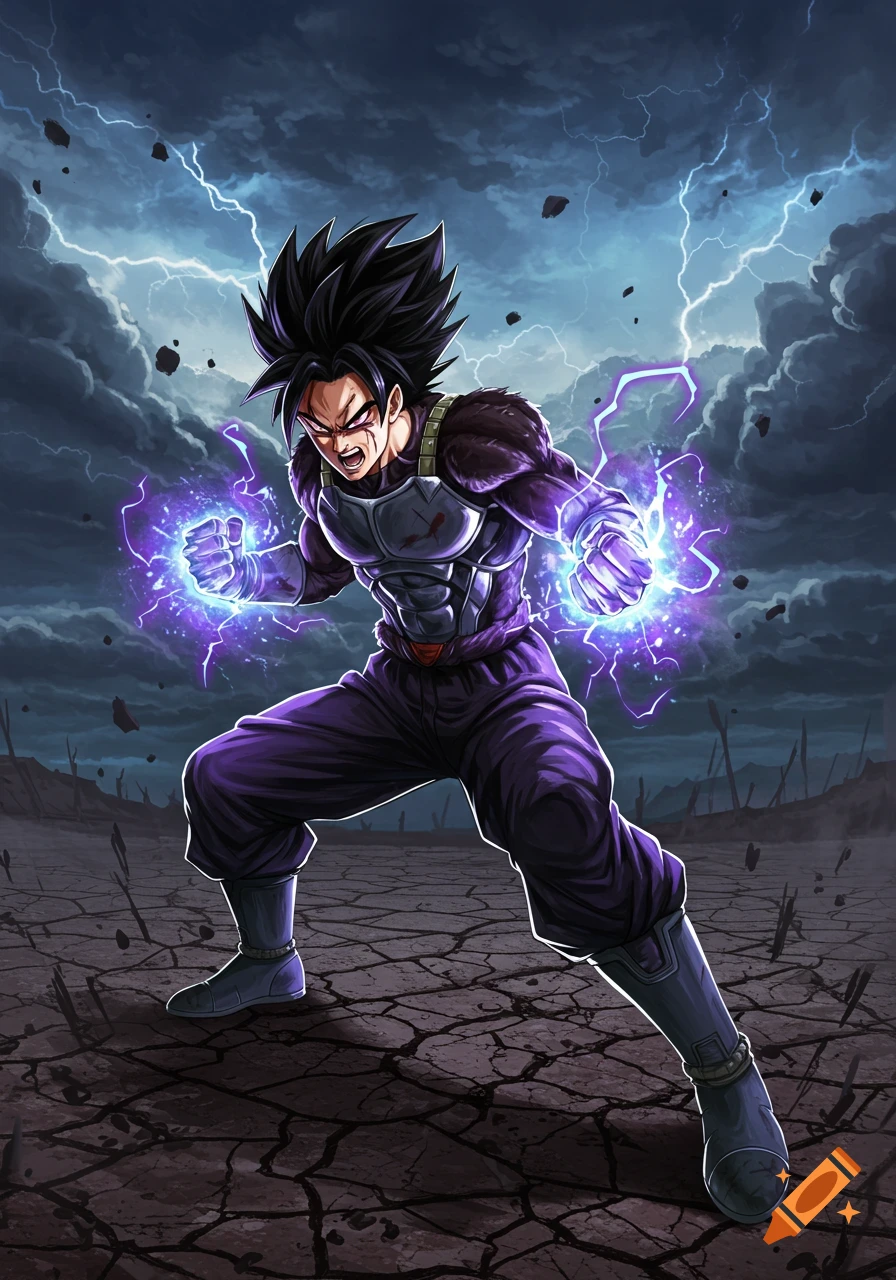 Anime character in a fighting stance with purple energy around his fists, on cracked ground under a stormy, lightning-filled sky.