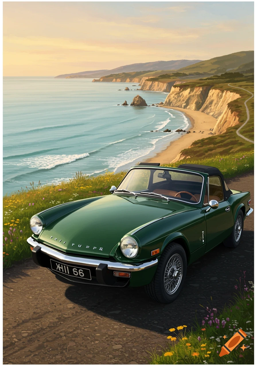 A green classic Triumph Spitfire convertible parked on a dirt road overlooking a scenic ocean coastline in a vibrant illustration style.