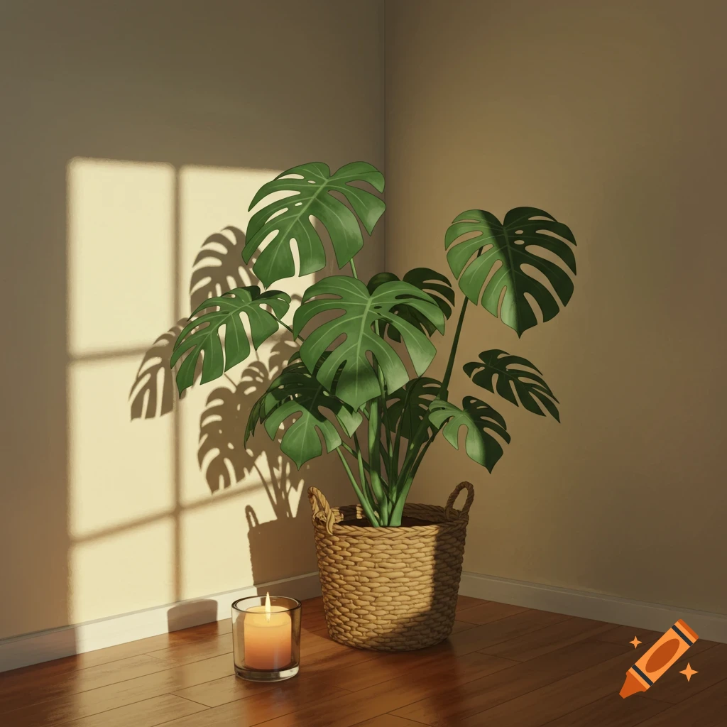 A Monstera plant in a wicker pot next to a lit candle on a wooden floor, with sunlight casting window shadows on a cream wall.
