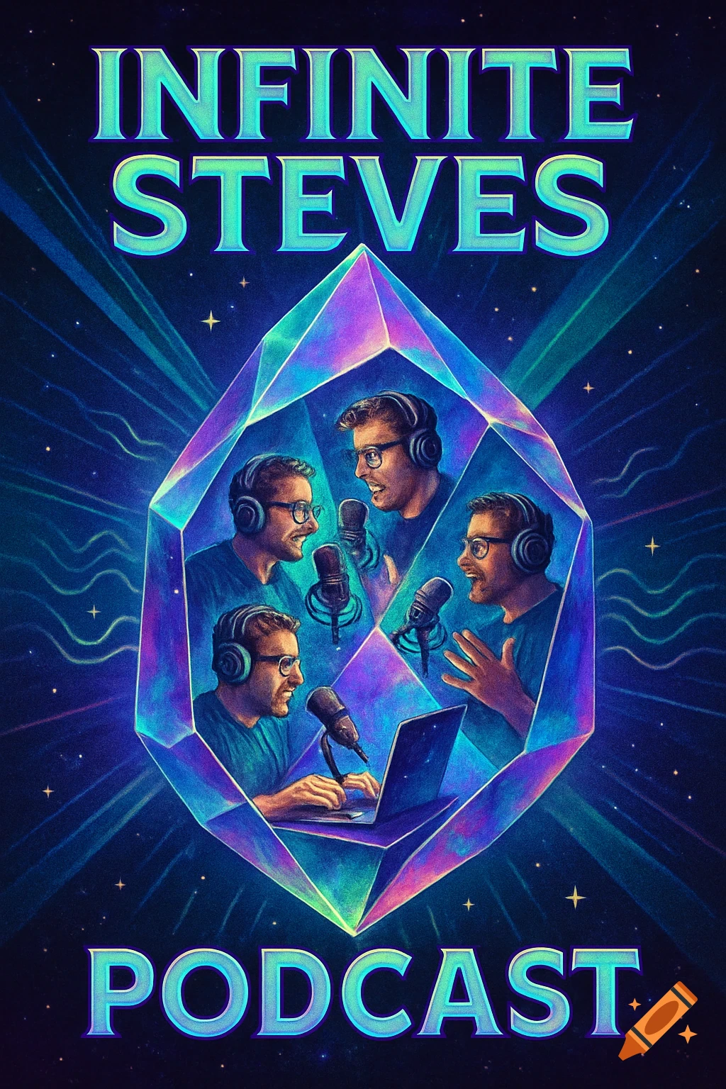 A vibrant, sci-fi style podcast poster featuring a glowing crystalline structure containing multiple identical men wearing headphones and speaking into microphones, with the text 'INFINITE STEVES PODCAST'.
