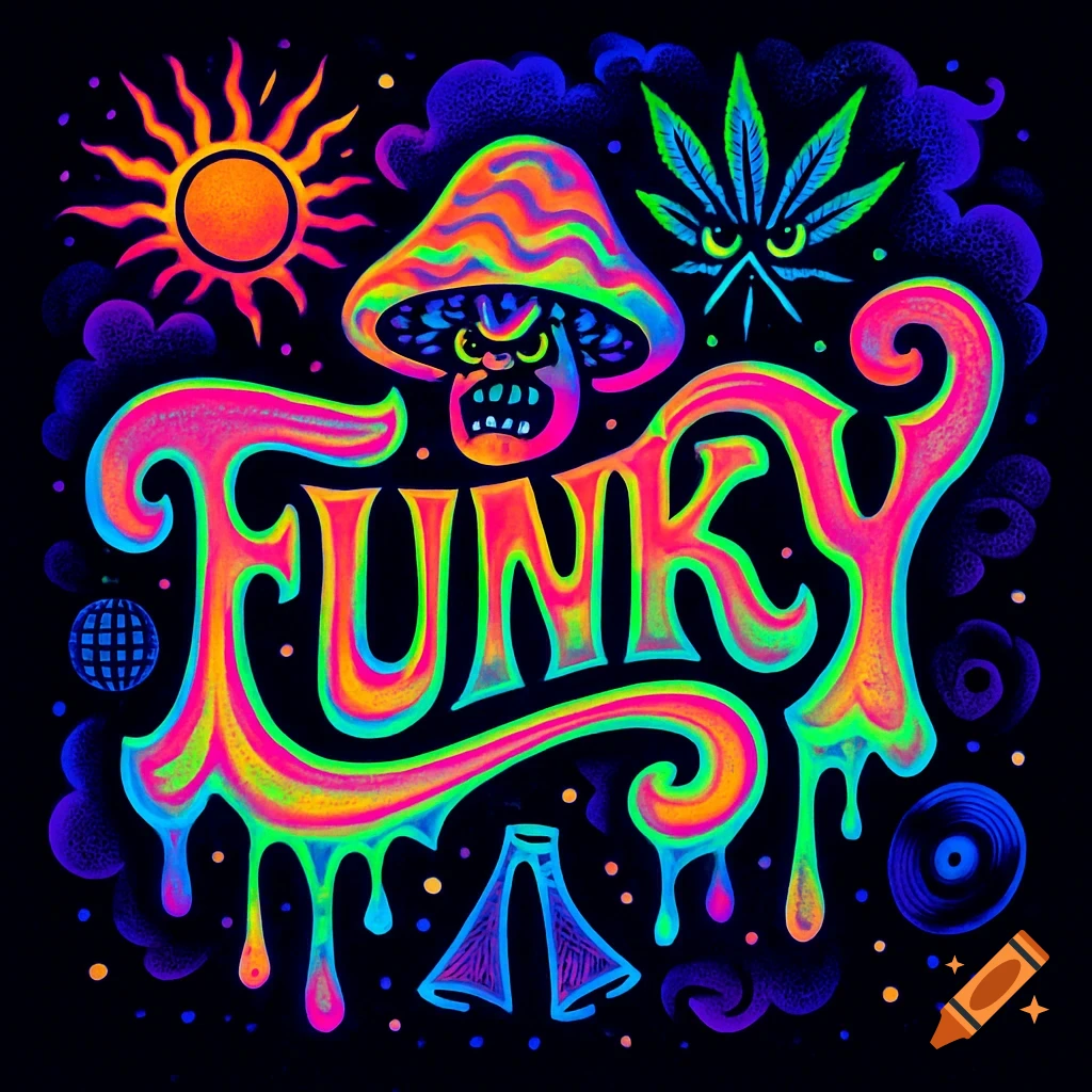 Neon psychedelic blacklight art featuring 'FUNKY' text, a grinning mushroom, cannabis leaf, sunburst, and disco ball.