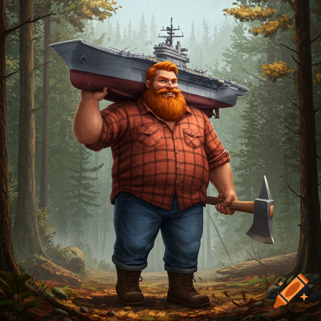 A large, red-bearded lumberjack in a plaid shirt carries an aircraft carrier on his shoulder and an axe in a lush forest.