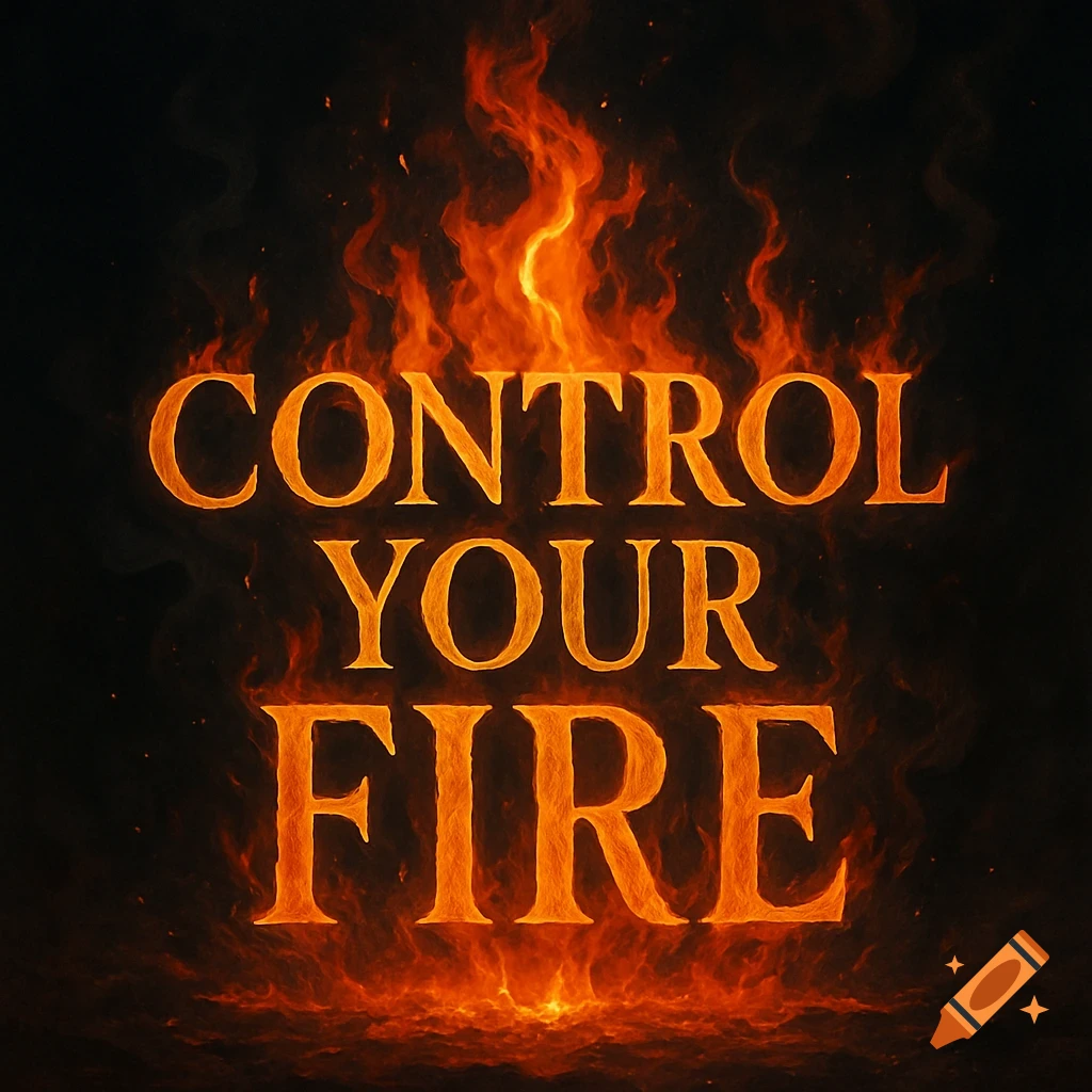 The words 'CONTROL YOUR FIRE' rendered in fiery, burning orange text against a dark background, surrounded by flames.