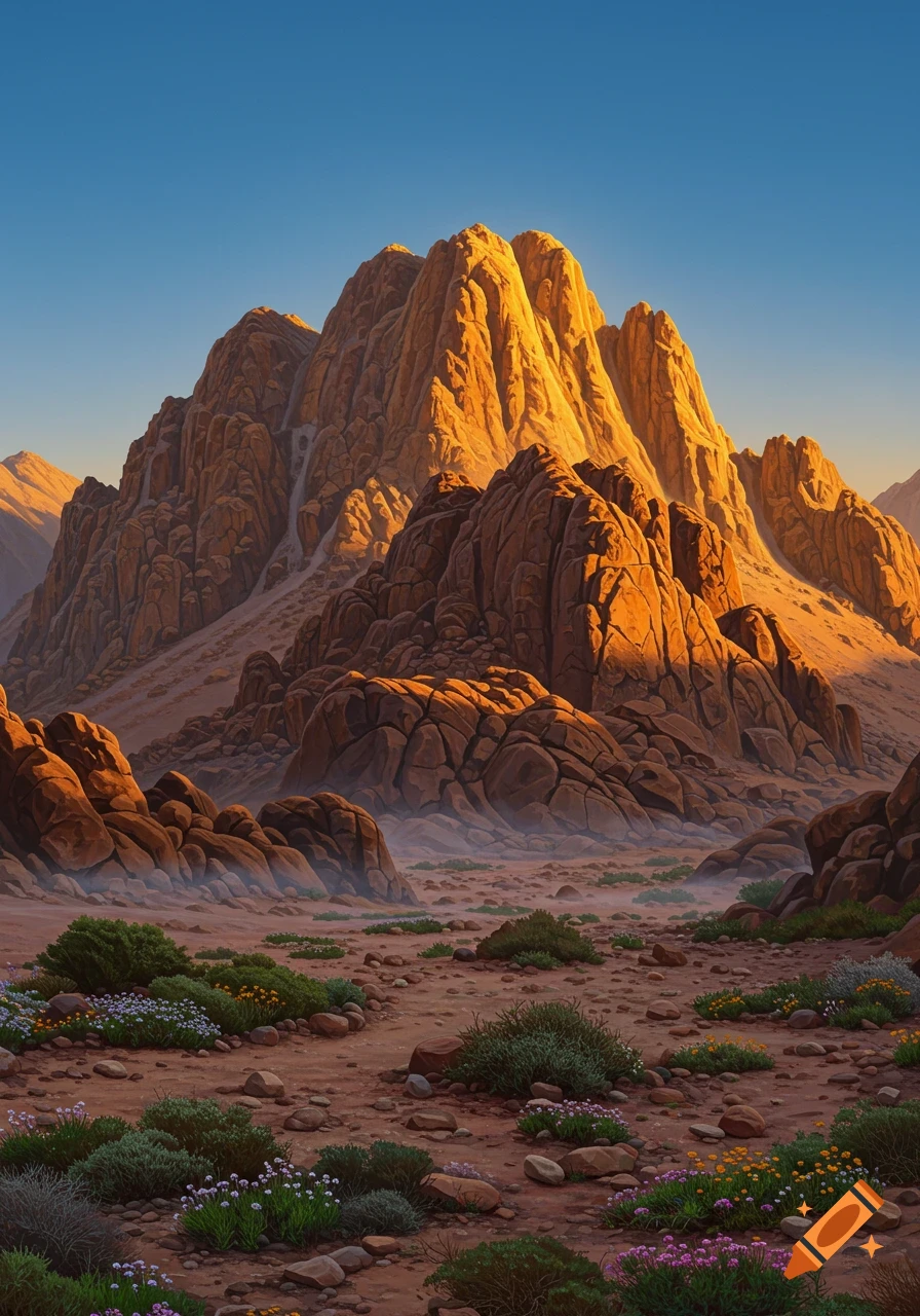 A desert mountain landscape with large golden-lit peaks and sparse green and flowering vegetation on the rocky ground.