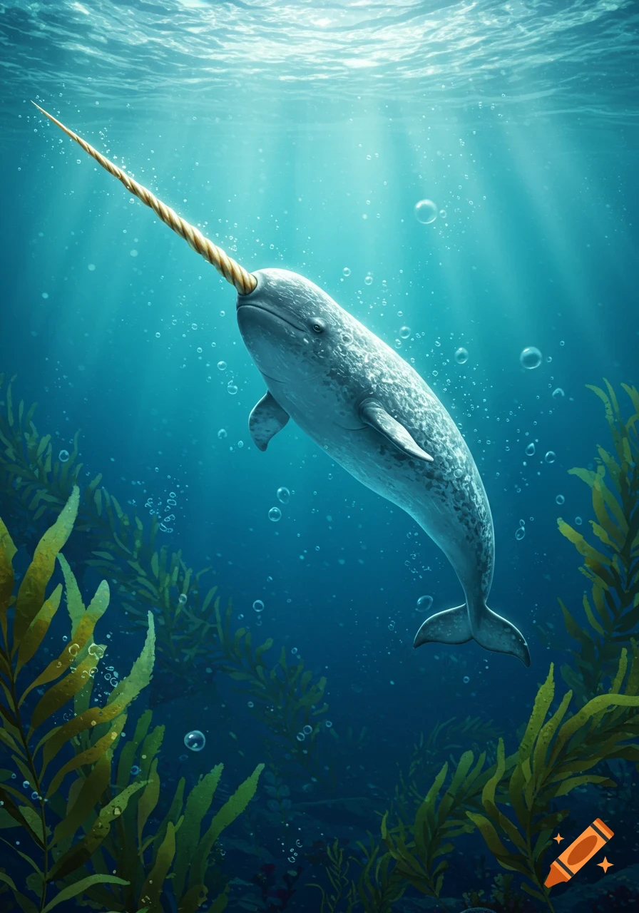 A narwhal swims in clear blue water amidst green kelp, with light rays from the surface.